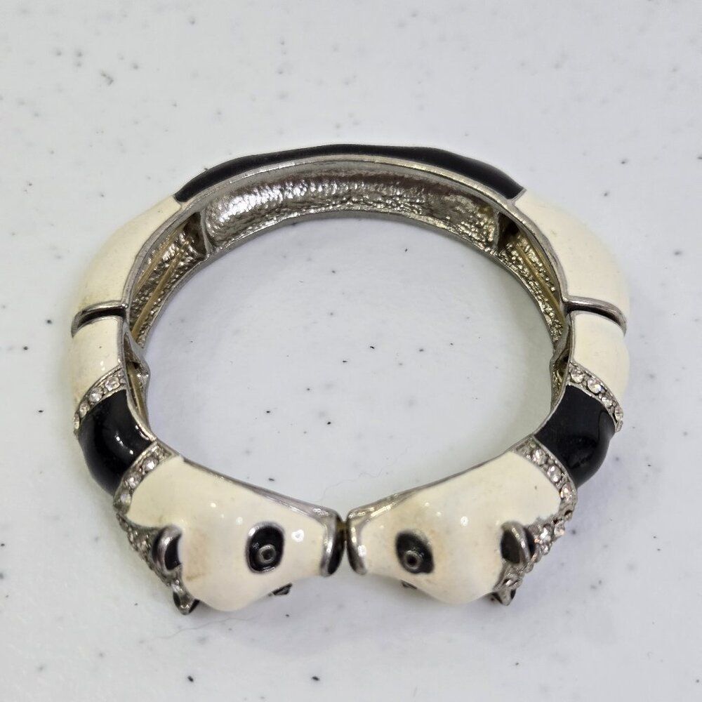 Vintage 80s Panda Bracelet Enamel Rhinestone Stretch Bangle Figural Silver Tone